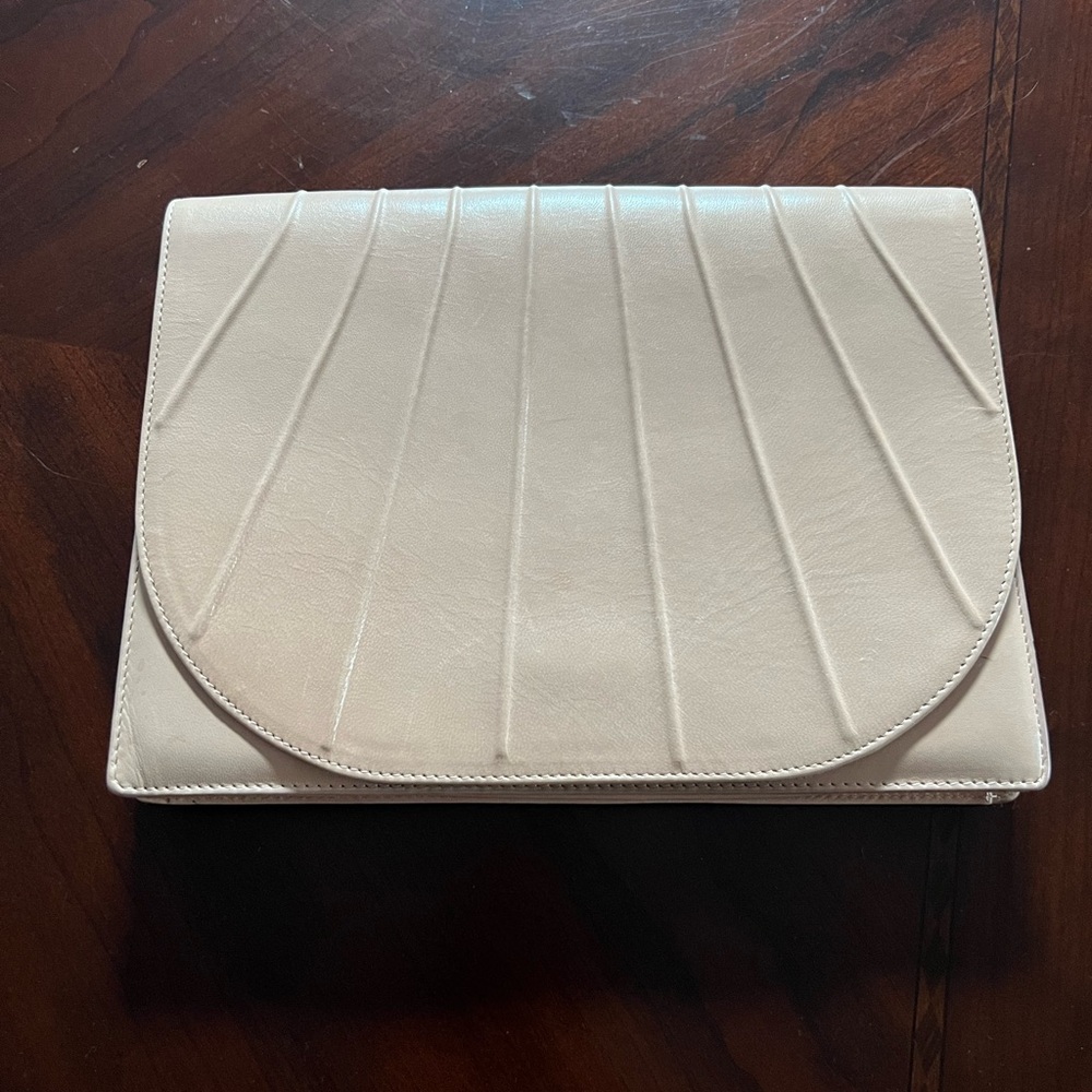 Stuart Weitzman Warm Beige Clutch with Ridge Detail on Flap
